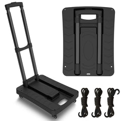 Folding Hand Truck, Portable Push Cart & Luggage Dolly Cart with 2 Braking Swivel Wheels and 3 Bungee Cords for Backpack, Travel, Moving, and Office Use U1