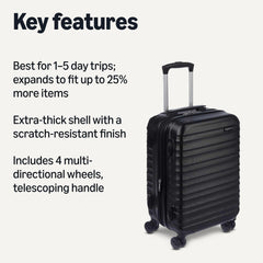 Amazon Basics 21" Hardside Carry-On Luggage, Hardshell Suitcase With Wheels, Expandable For Up to 25% More Space, With Scratch-Resistant Surface, Four Multi-directional Wheels, Black Black Carry-On U3