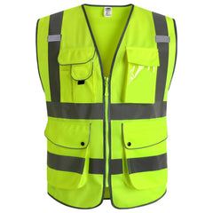 JKSafety 9 Pockets Class 2 High Visibility Zipper Front Safety Vest With Reflective Strips,Meets ANSI/ISEA Standard (Large, 150-Yellow) U1