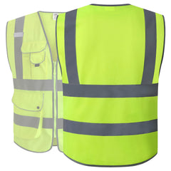 JKSafety 9 Pockets Class 2 High Visibility Zipper Front Safety Vest With Reflective Strips,Meets ANSI/ISEA Standard (Large, 150-Yellow) U1