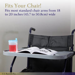 Mondo Medical Gray Strap On Wheelchair Tray Table Attachment for 18 to 20in Wide Wheelchair - Removable Electric Wheelchair Accessories for Adults with Cup Holder and Phone Groove U2