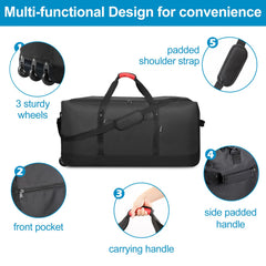 Finnhomy 120L Foldable Rolling Duffel Bag with 3 Wheels, Light Weight Travel Duffel bag with Large Loading Capacity, 32 inch Rolling Duffel bag with Shoulder Strap for Travel Camping Sports, Black Black undefined U1
