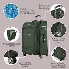 Ricardo Beverly Hills Avalon Softside Luggage Made with Sustainable 100% Recycled PET (rPET), Lightweight, Eco-Friendly Travel, Expandable, Dual Spinner Wheels ( Juniper Green , 24-inch ) Juniper Green 24 Inch U1