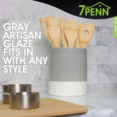7Penn Kitchen Utensil Holder for Countertop - Jumbo Gray and White Primitive Cooking Utensils Crock for Counter Decor - Glossy and Matte Ceramic Kitchen Tools Organizer Jar for Spatulas U1
