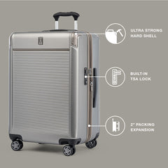 Travelpro Platinum Elite Hardside Expandable Spinner Wheel Luggage TSA Lock Hard Shell Polycarbonate Suitcase Metallic Sand Checked Medium 25 Inch U1