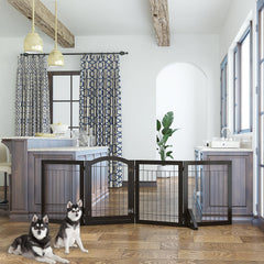 SPIRICH 96-inch Extra Wide 30-inches Tall Dog Gate with Door Walk Through, Freestanding Wire Pet Gate for The House, Doorway, Stairs, Pet Puppy Safety Fence, Support Feet Included(Espresso) U1