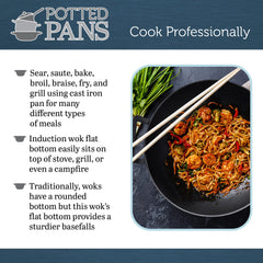 Cast Iron Wok with Handle - Seasoned 14 Inch Flat Bottom Wok for Deep Frying Pan with Flat Base for Stir-Fry, Grilling, Frying, Steaming - For Authentic Asian, Chinese Food U3