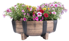 Rustic Wood- Look Plastic Half Barrel Flower Pot Garden Planter, Pack of 2 U1