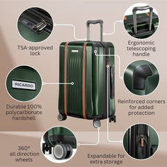 Ricardo Beverly Hills Montecito 2.0 Hardside with Dual Spinning Wheels, Expandable with Comfort Grip for Easy Packing and Moving, Men and Women ( Hunter Green , Check-In Medium 25-Inch ) Hunter Green Check In Medium 25 Inch U1