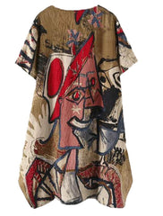 FTCayanz Women's Casual Midi Dresses Short Sleeve Loose Print T Shirt Dress with Pockets Brown XX-Large U1