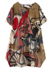 FTCayanz Women's Casual Midi Dresses Short Sleeve Loose Print T Shirt Dress with Pockets Brown XX-Large U1