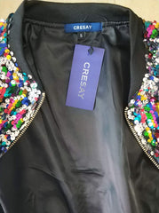 Cresay Women's Sequin Fitted Long Sleeve Zipper Blazer Bomber Jacket-Rainbow L U1