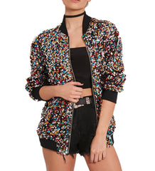 Cresay Women's Sequin Fitted Long Sleeve Zipper Blazer Bomber Jacket-Rainbow L U1