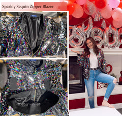 Cresay Women's Sequin Fitted Long Sleeve Zipper Blazer Bomber Jacket-Rainbow L U1