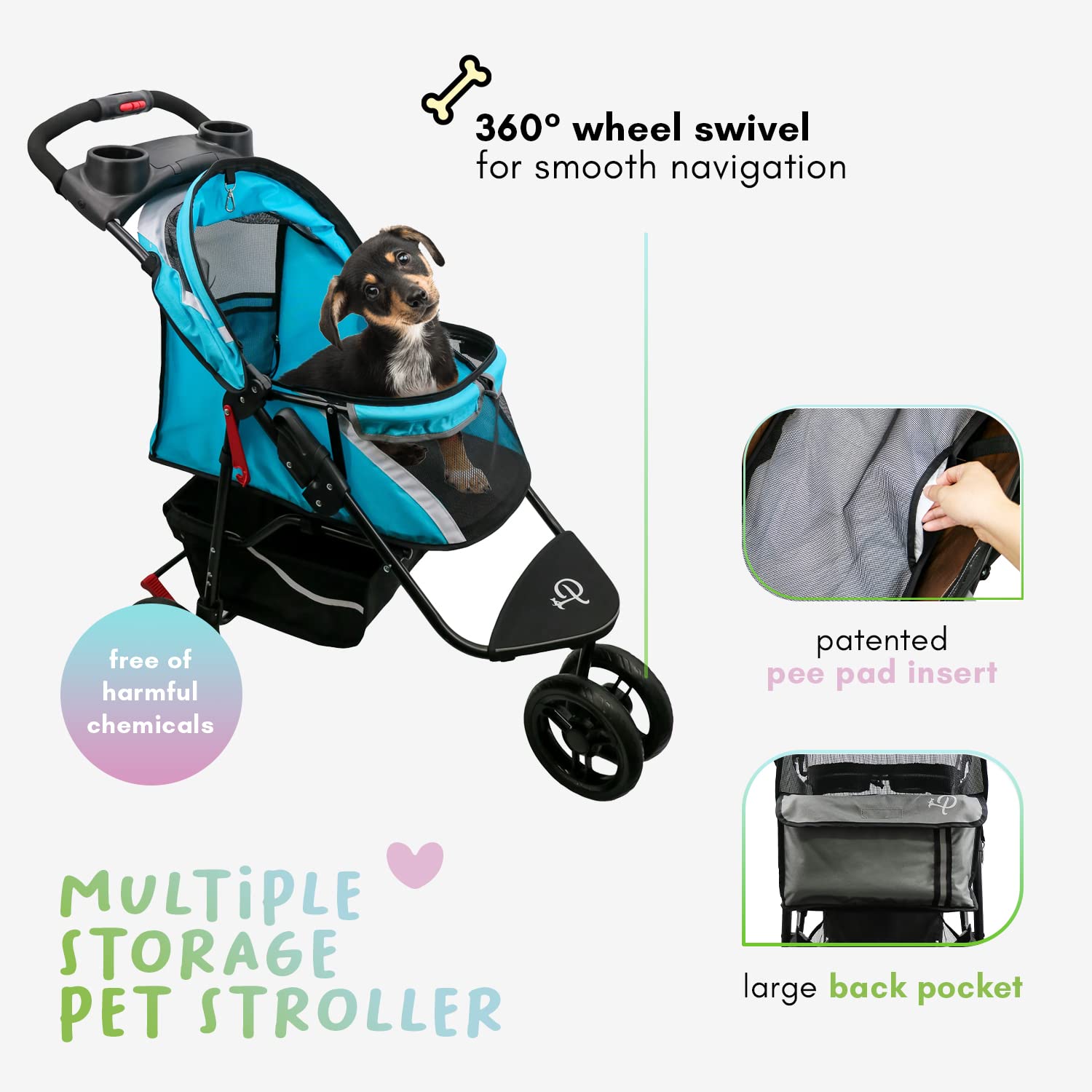 Petique Revolutionary Stroller, Dog Cart for Small to Medium Size Pets, Ventilated Pet Jogger for Cats & Dogs ( Gray , One Size ) Gray One Size U1