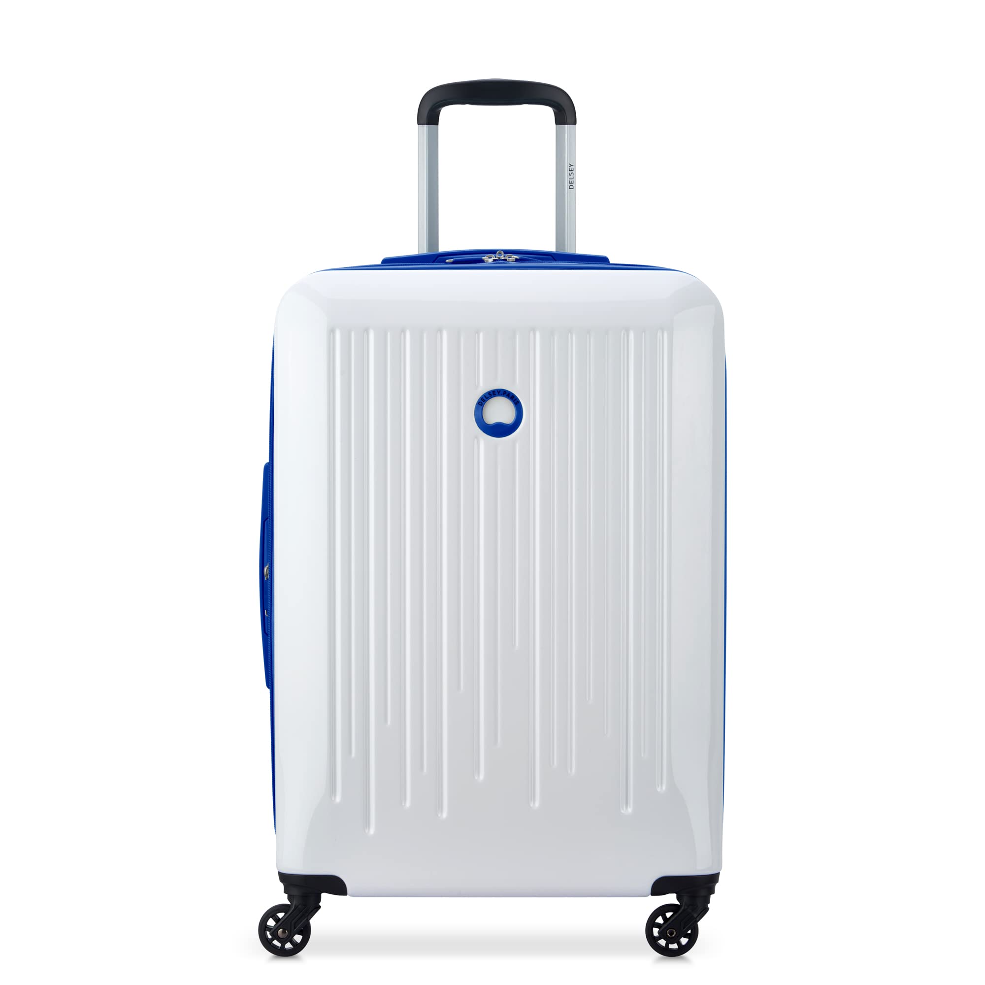 Delsey Paris Christine Hardside Expandable Luggage with Spinner Wheels ( White with Blue Trim , Checked-Medium 24 Inch ) White with Blue Trim Checked Medium 24 Inch U1