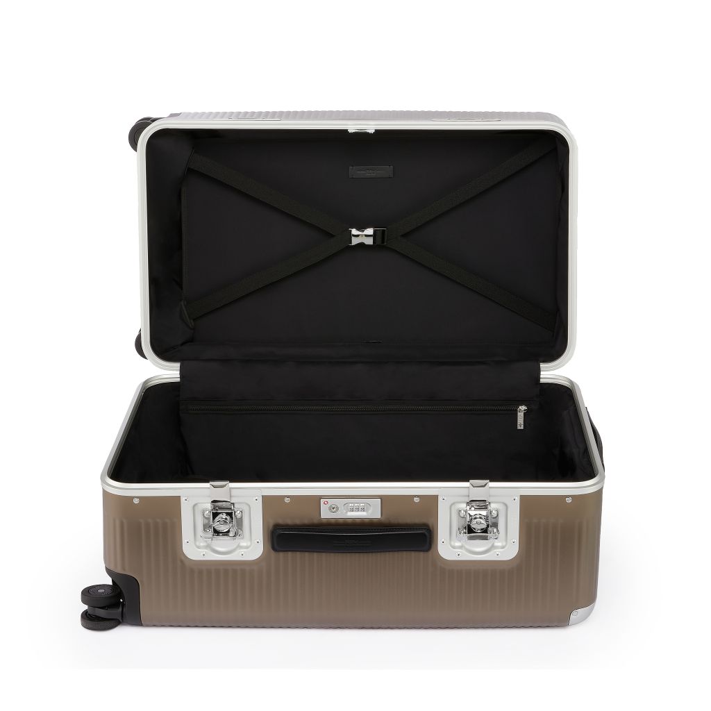 FPM Milano Bank Light Spinner, Durable Luxury Luggage Made in Italy, 4-Wheeled Smooth Dual Spinner Wheels, TSA Lock and Butterfly Clips for Safety ( Matte Almond , Medium Trunk ) Matte Almond Medium Trunk U1