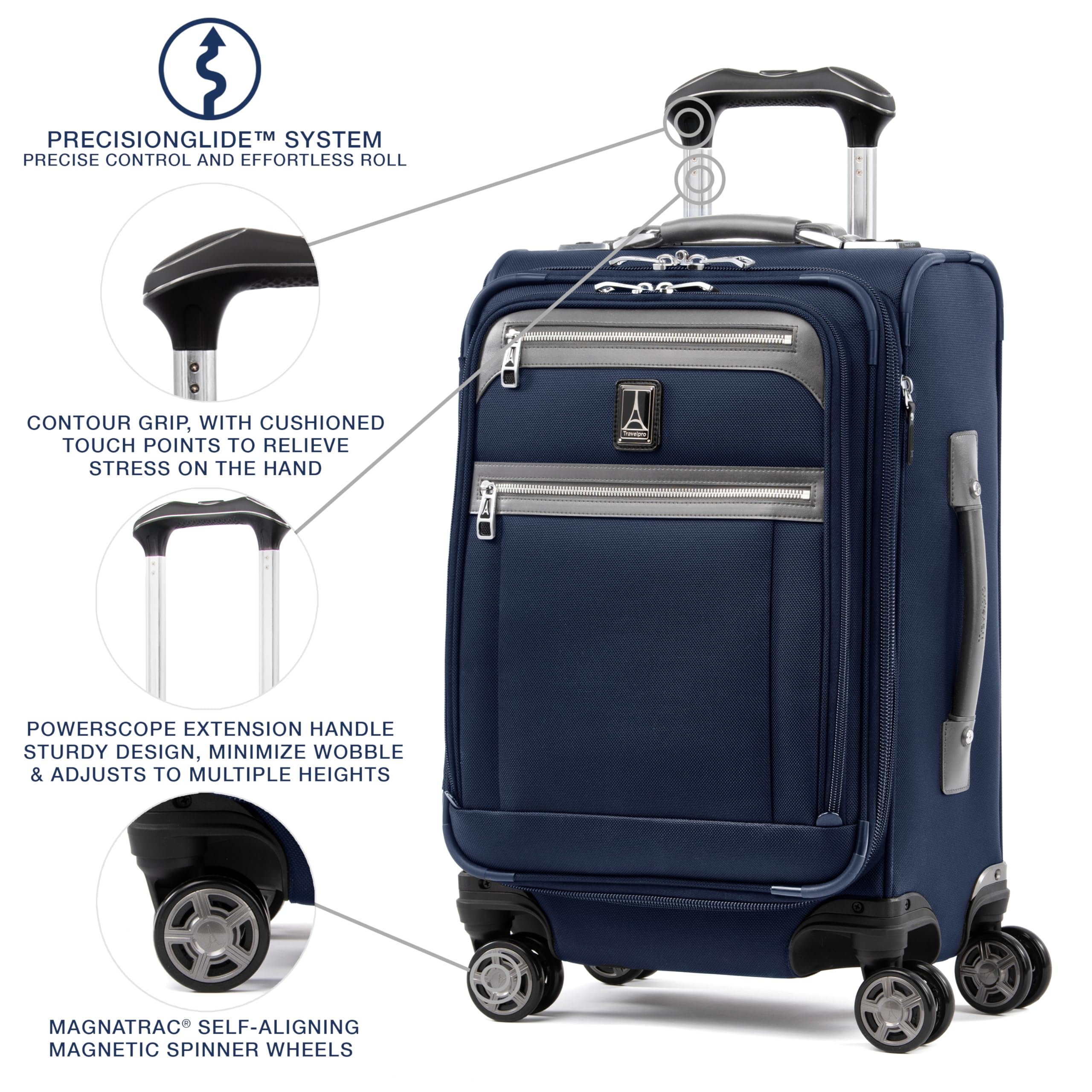 Travelpro Platinum Elite Softside Expandable Checked Luggage, 8 Wheel Spinner Large Suitcase, TSA Lock, Men and Women ( Dark Blue , Carry-On 21-Inch ) Dark Blue Carry On 21 Inch U2