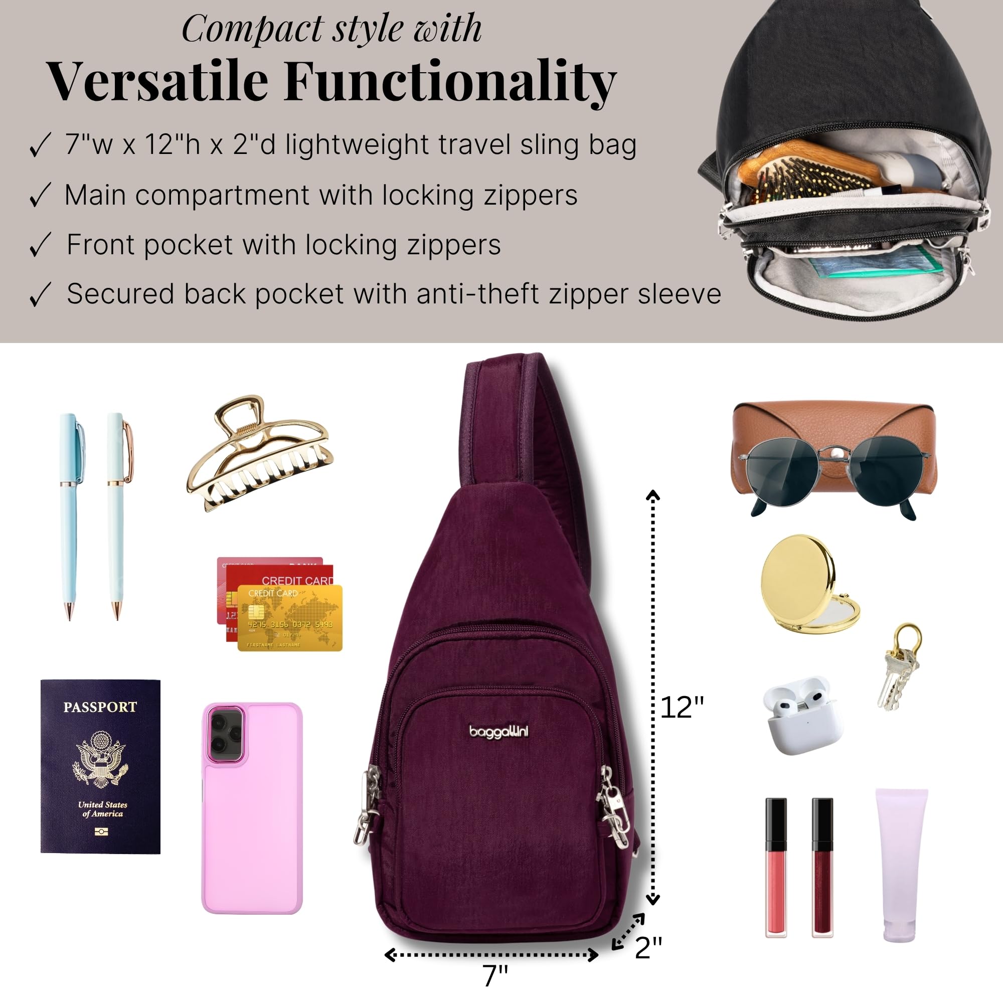 Baggallini Securtex Anti-Theft Daytripper Sling ( Mulberry , One Size ) Mulberry One Size U1