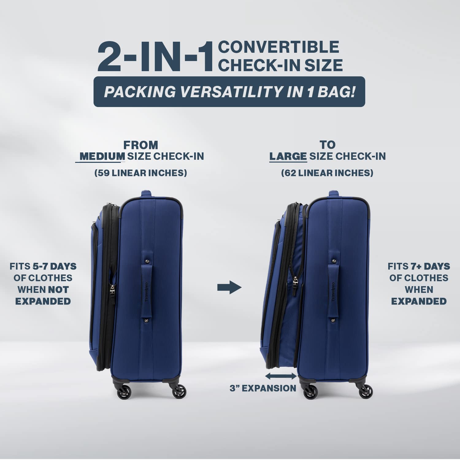 Travelpro Runway Softside Luggage Sets, Carry-on & Convertible Medium to Large Check-in Expandable Luggage, 4 Spinner Wheels, Softside Suitcase, Men and Women ( Blue , Carry-on/Medium-Large Check-in ) Blue Carry On Medium Large Check In U1