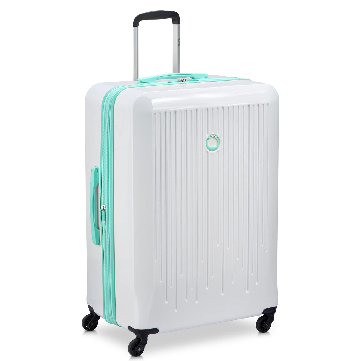 Delsey Paris Christine Hardside Expandable Luggage with Spinner Wheels ( White with Teal Trim , Checked-Large 28 Inch ) White with Teal Trim Checked Large 28 Inch U5