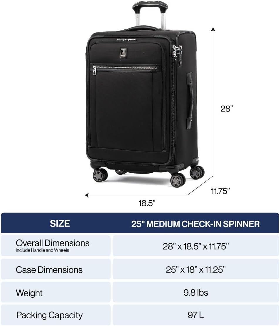 Travelpro Platinum Elite Softside Expandable Checked Luggage, 8 Wheel Spinner Large Suitcase, TSA Lock, Men and Women ( Dark Blue , Checked-Medium 25-Inch ) Dark Blue Checked Medium 25 Inch U9