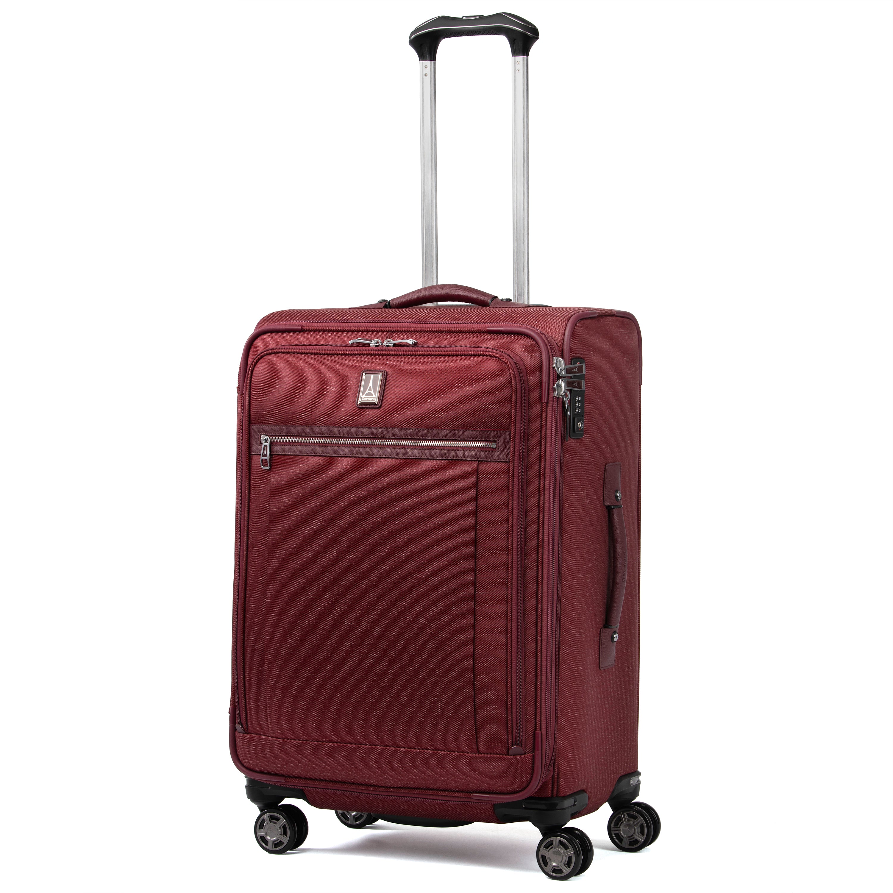 Travelpro Platinum Elite Softside Expandable Luggage, 8 Wheel Spinner Suitcase, USB Port, Suiter, Men and Women Bordeaux Checked Medium 25 Inch U2