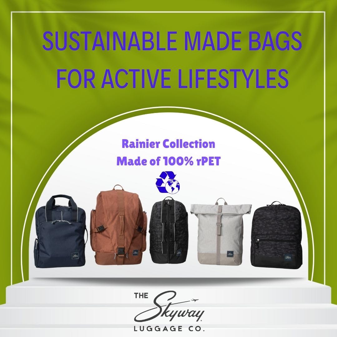 Skyway Luggage Rainier Backpack, Eco-Friendly,  Made of 100% rPET Travel Laptop Bag for Women & Men ( Crater Black , 17L ) Crater Black 17 L U1