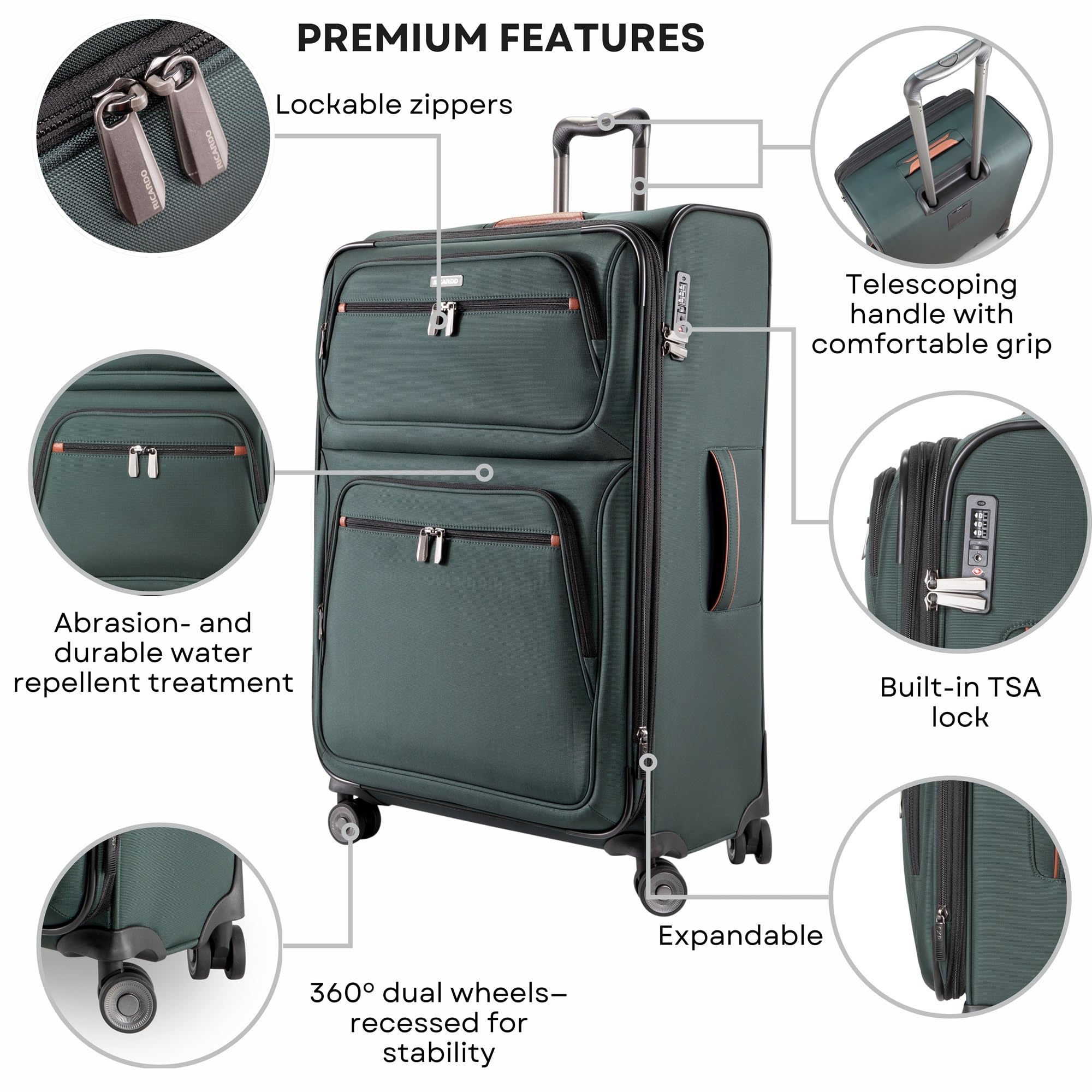 Ricardo Beverly Hills Montecito 3.0 Softside Luggage Collection  Expandable Suitcases with Wheels and TSA Lock, 29" Large Check-In ( Hunter Green , 29-inch Large Check-in ) Hunter Green 29 Inch Large Check In U1
