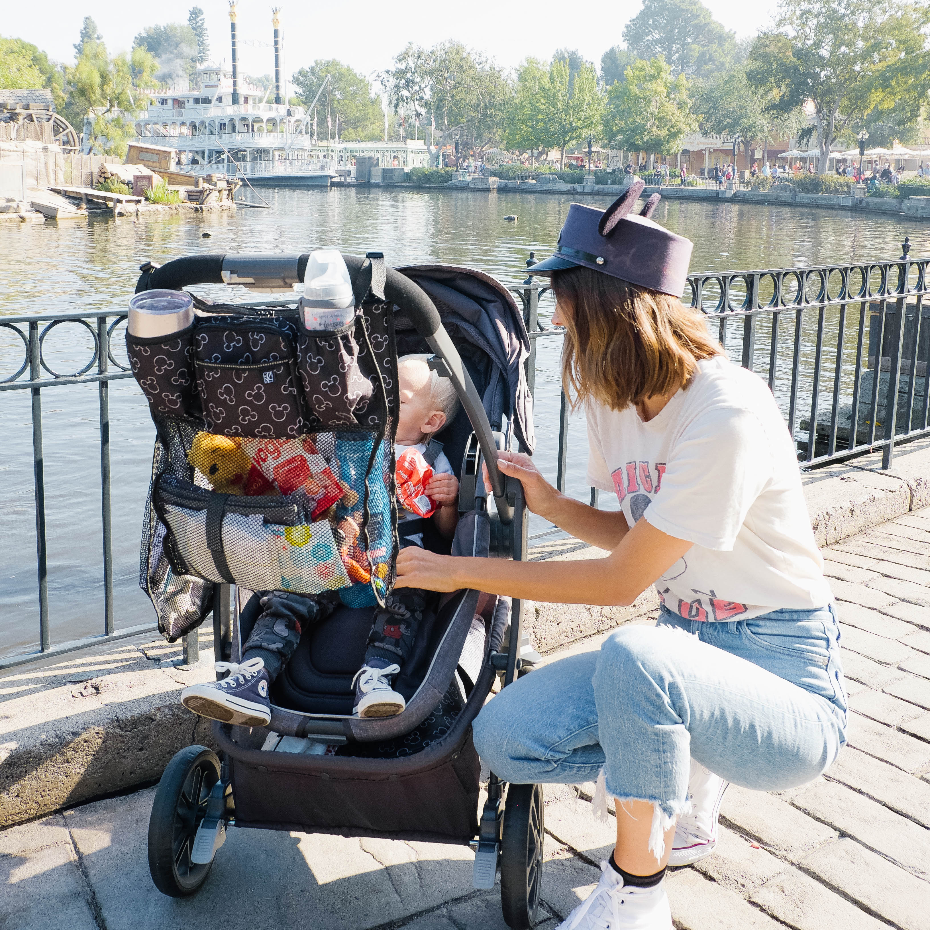 J.L. Childress Cups 'N Cargo, Universal Fit Stroller Organizer with Extra Large Storage, Expandable Deep Cup Holders, Multiple Zippered Pockets, Unique Large Mesh Bag for Larger Items ( Mickey Black , One Size ) Mickey Black One Size U7