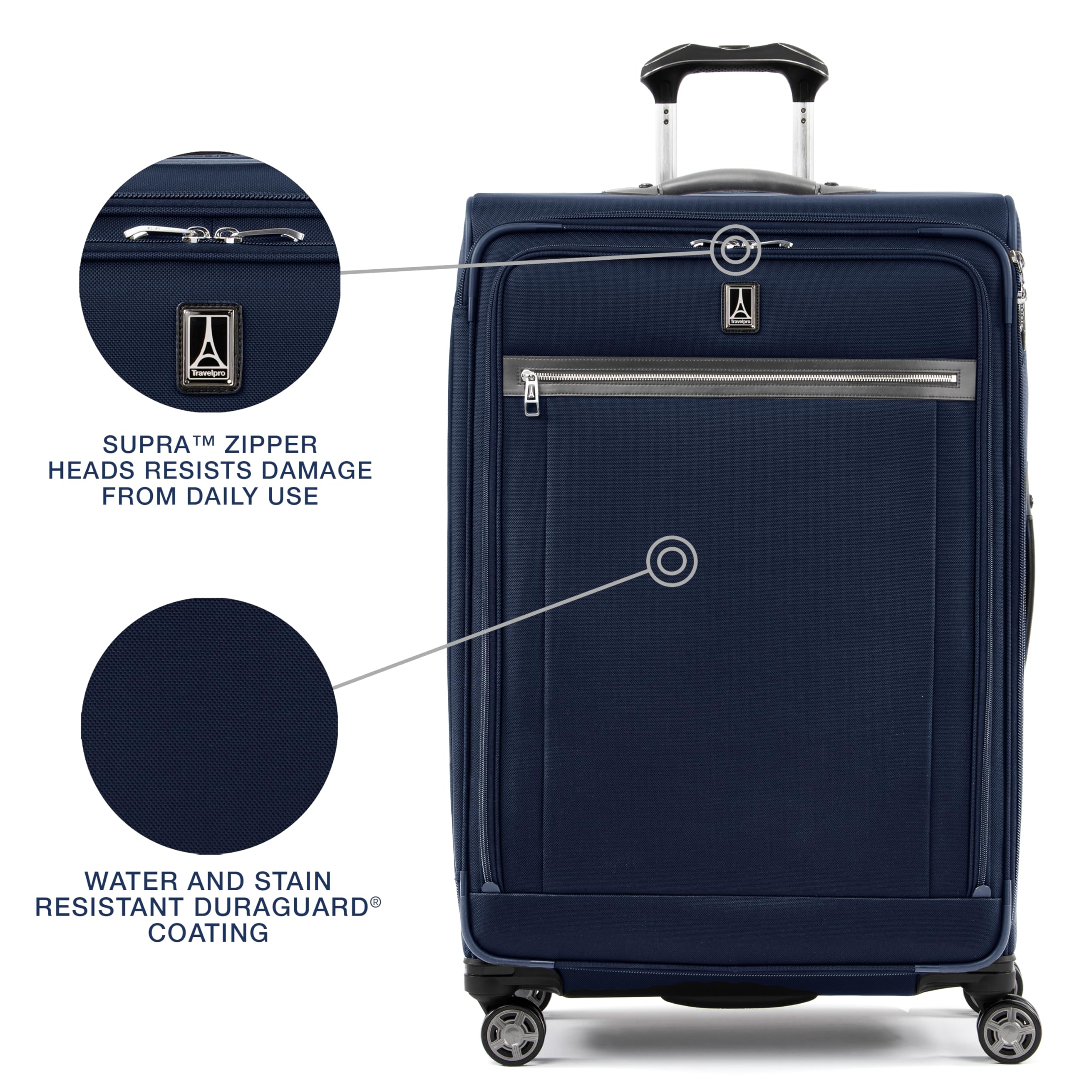 Travelpro Platinum Elite Softside Expandable Checked Luggage, 8 Wheel Spinner Large Suitcase, TSA Lock, Men and Women ( Dark Blue , Checked-Large 29-Inch ) Dark Blue Checked Large 29 Inch U2