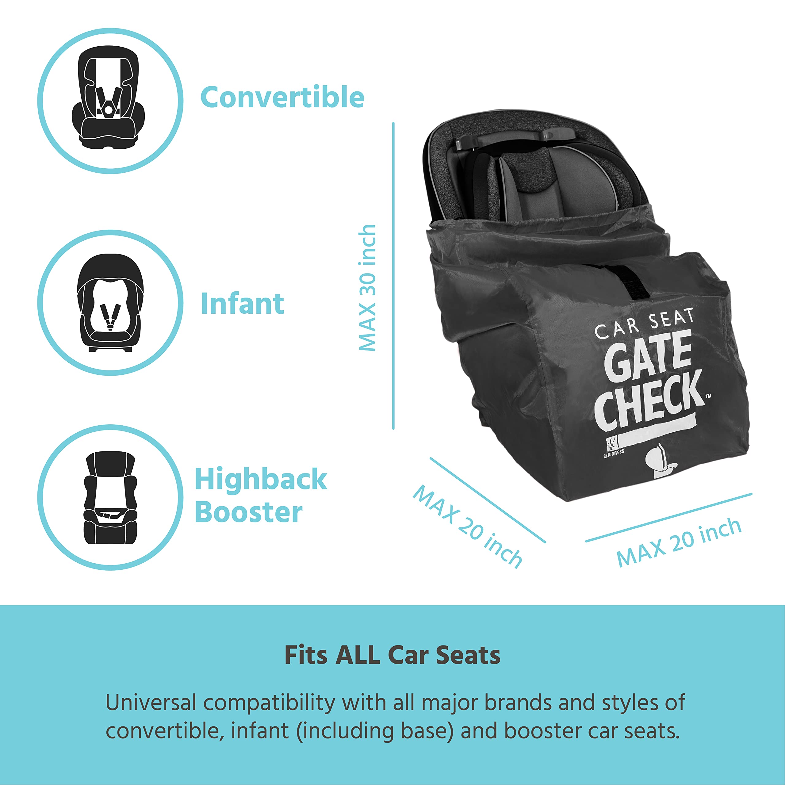 J.L. Childress Gate Check Bag for Car Seats - Air Travel Bag - Fits Convertible Car Seats, Infant carriers & Booster Seats ( Black , One Size ) Black One Size U4