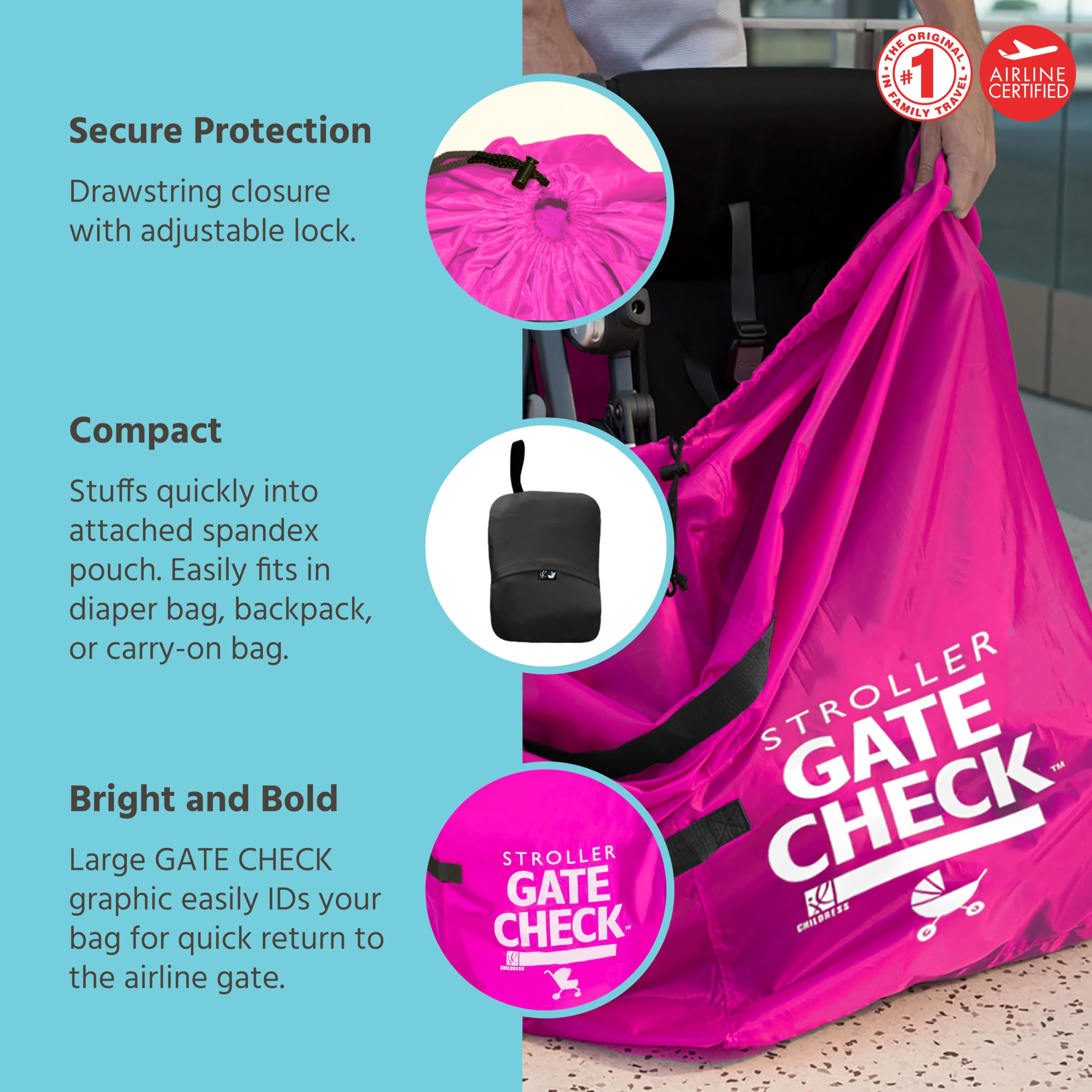 J.L. Childress Gate Check Bag for Single & Double Strollers - Stroller Bag for Airplane - Large Stroller Travel Bag for Airplane - Air Travel Stroller Bag ( Neon Pink , One Size ) Neon Pink One Size U1