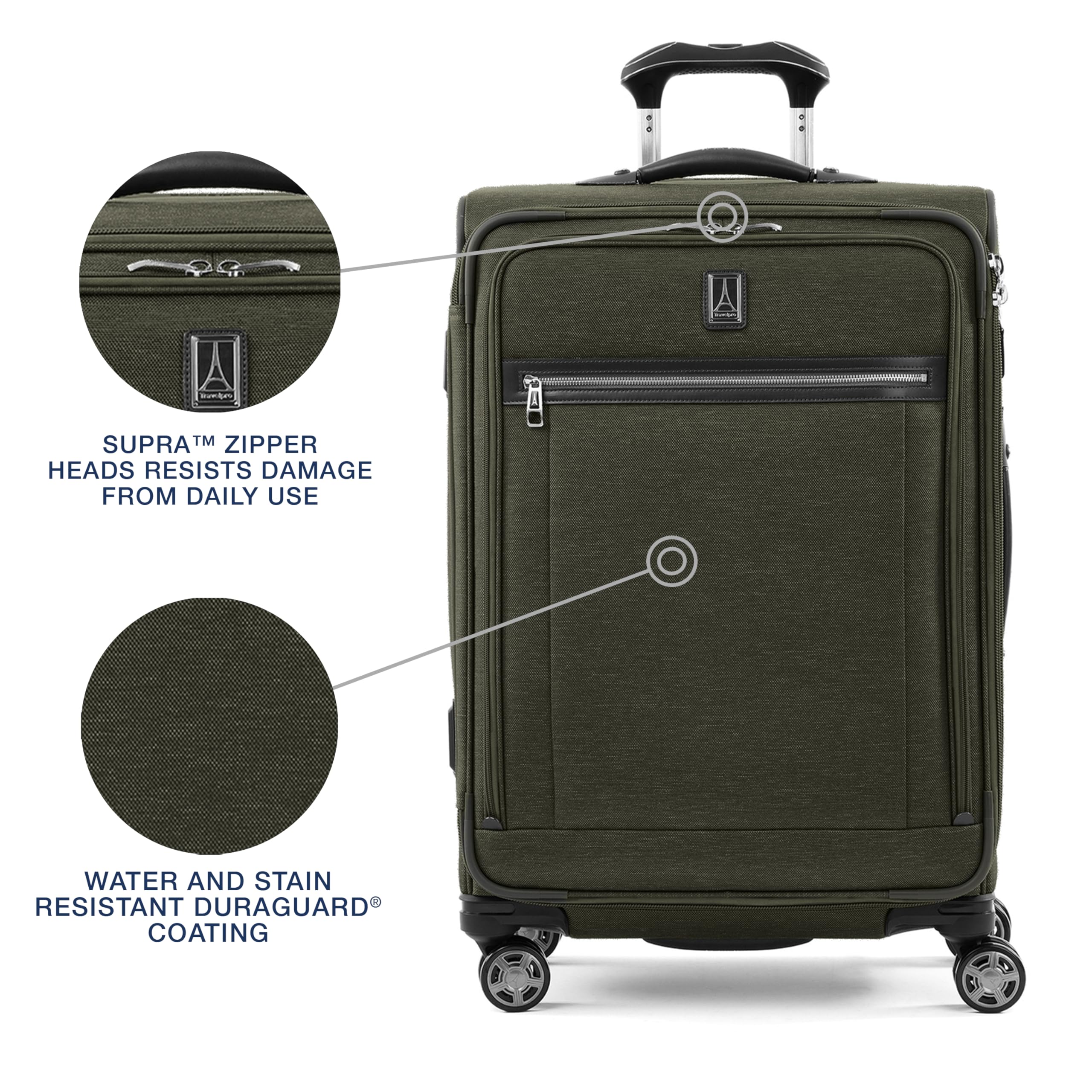 Travelpro Platinum Elite Softside Expandable Checked Luggage, 8 Wheel Spinner Large Suitcase, TSA Lock, Men and Women ( Pilot Green , Checked-Medium 25-Inch ) Pilot Green Checked Medium 25 Inch U1