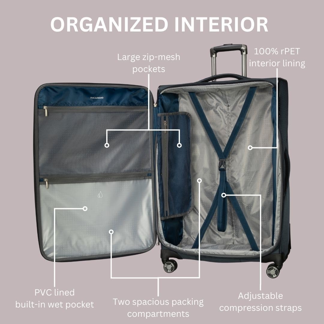 Ricardo Beverly Hills Avalon Softside Luggage Made with Sustainable 100% Recycled PET (rPET), Lightweight, Eco-Friendly Travel, Expandable, Dual Spinner Wheels ( Storm Blue , 24-inch ) Storm Blue 24 Inch U1