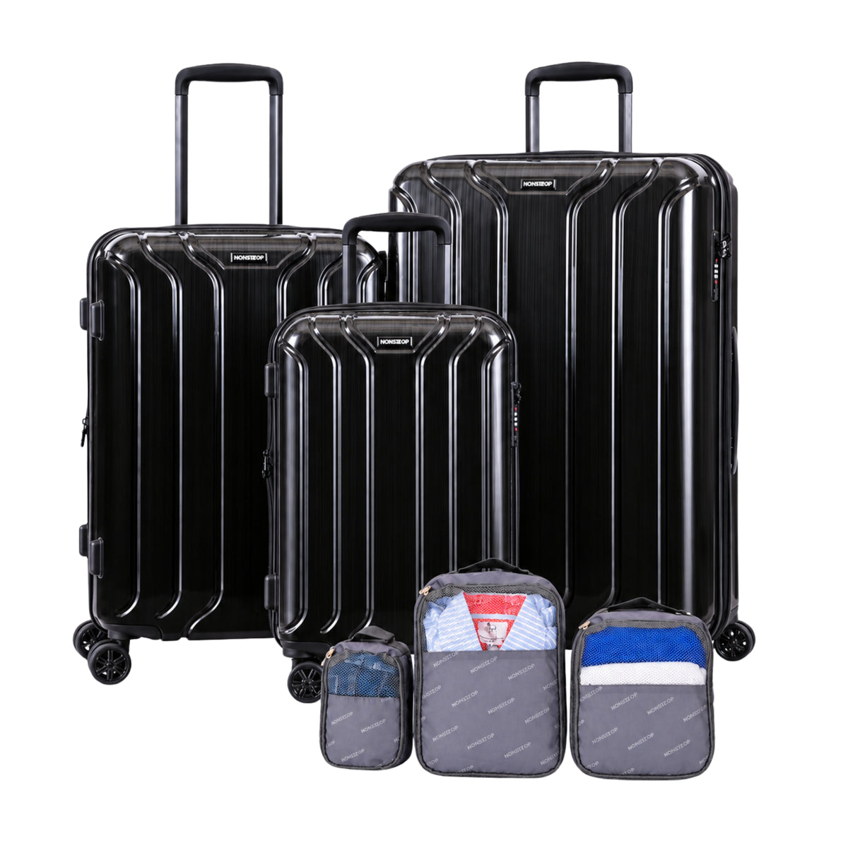 NONSTOP New York Elite Luggage Expandable Lightweight Spinner Wheels hard side shell Travel Suitcase Set, TSA Lock, Double USB Port, 3 packing cubes ( Black , 6-Piece Set ) Black 6 Piece Set U2
