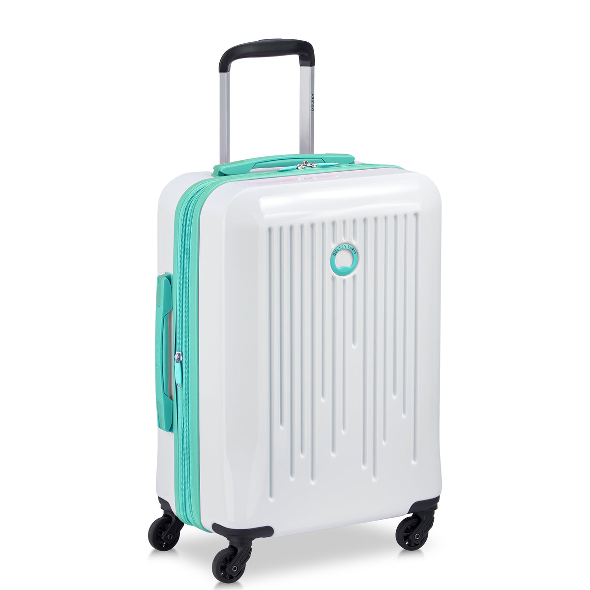 Delsey Paris Christine Hardside Expandable Luggage with Spinner Wheels ( White with Teal Trim , Carry On 20 Inch ) White with Teal Trim Carry On 20 Inch U4