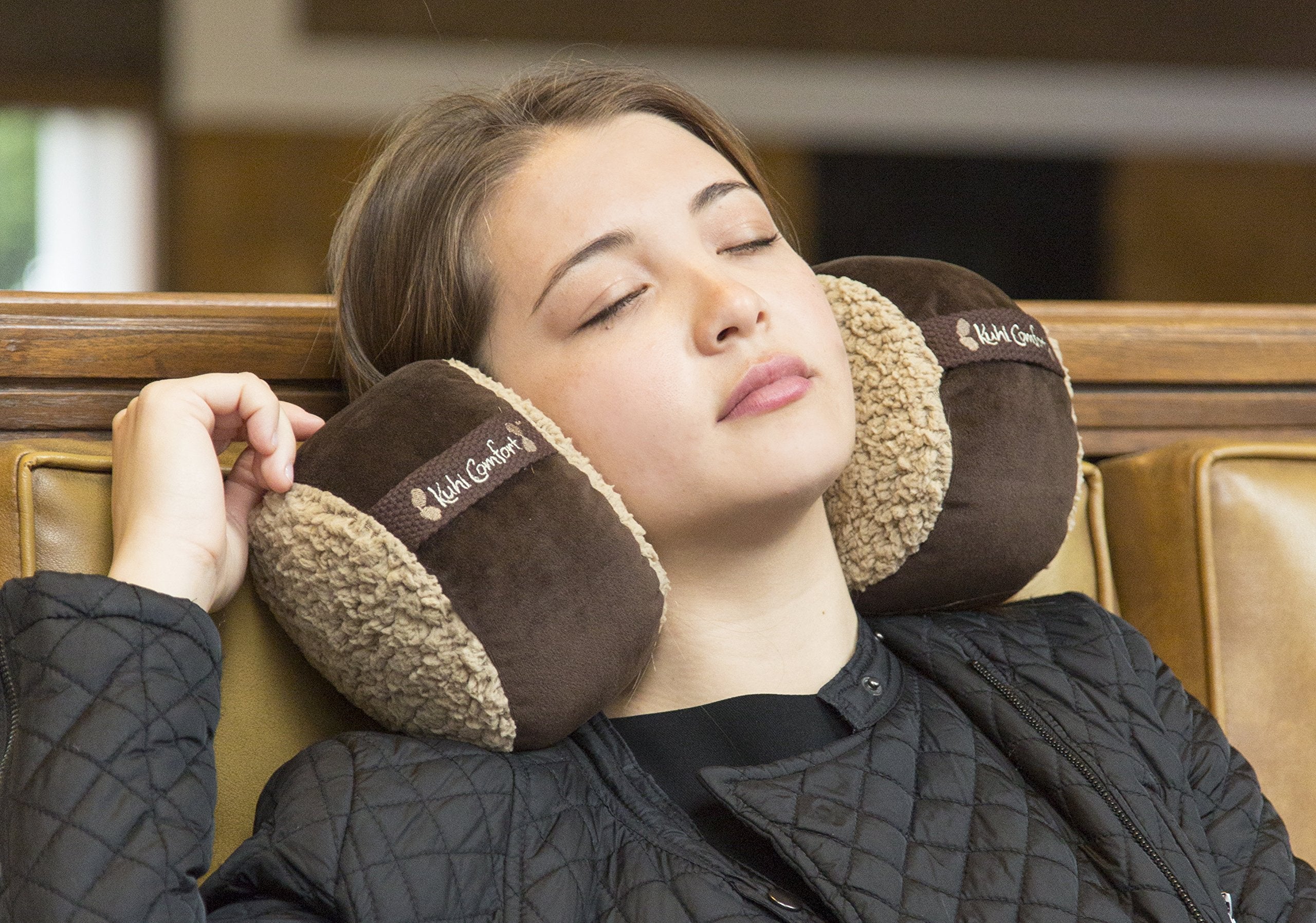 Kuhi Comfort Original Travel Pillow 2 Luxurious Cushions that Cradle Your Head on the Sides Comes in Convenient Carry Case ( Brown , One Size ) Brown One Size U3