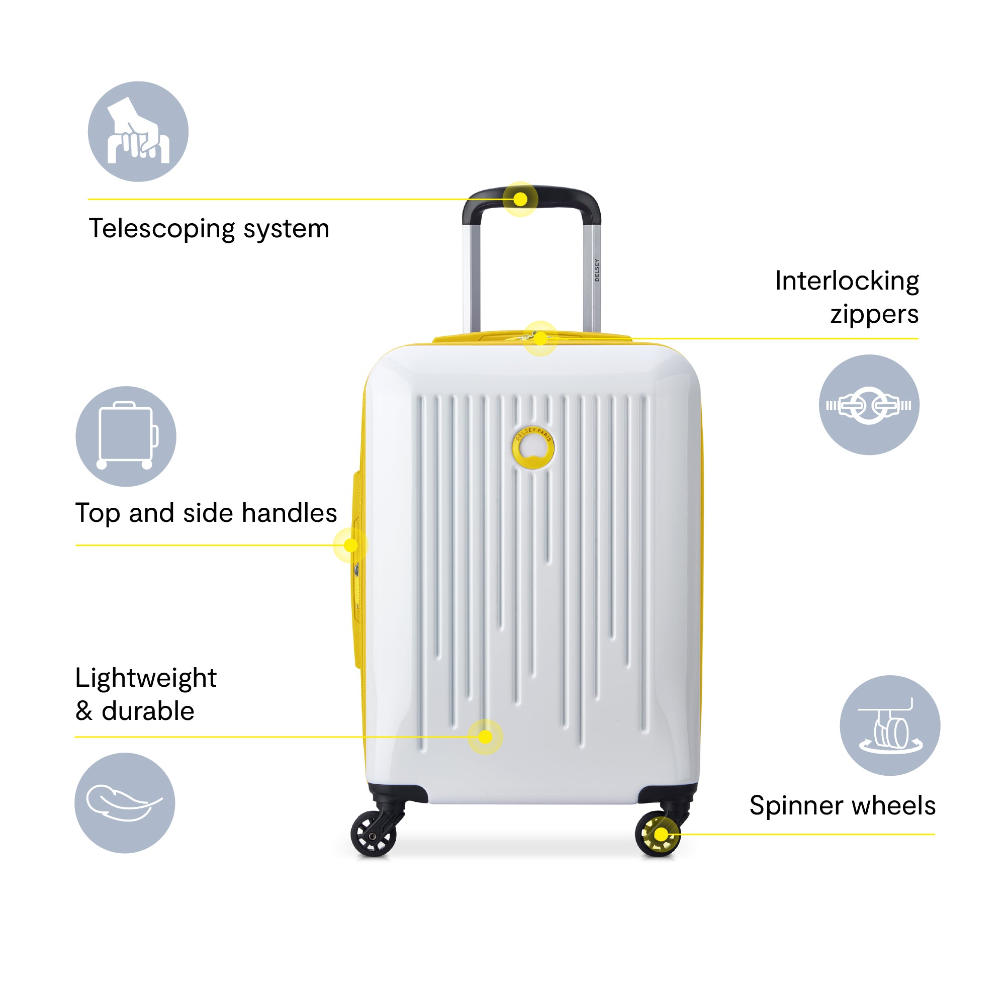 Delsey Paris Christine Hardside Expandable Luggage with Spinner Wheels ( White with Yellow Trim , Carry On 20 Inch ) White with Yellow Trim Carry On 20 Inch U3