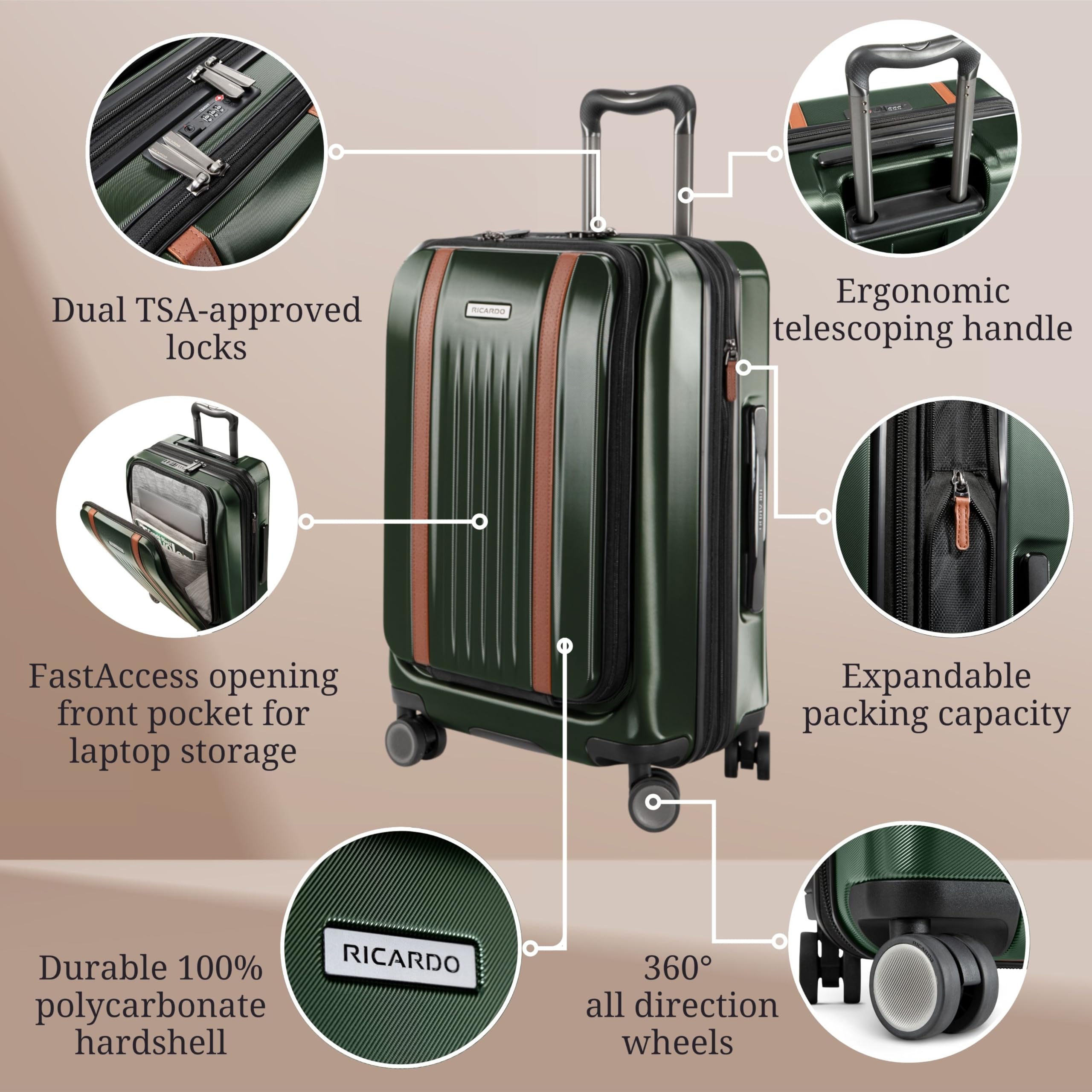 Ricardo Beverly Hills Montecito 2.0 Hardside with Dual Spinning Wheels, Expandable with Comfort Grip for Easy Packing and Moving, Men and Women ( Hunter Green , Fast-Access Carry-On 20-Inch ) Hunter Green Fast Access Carry On 20 Inch U1