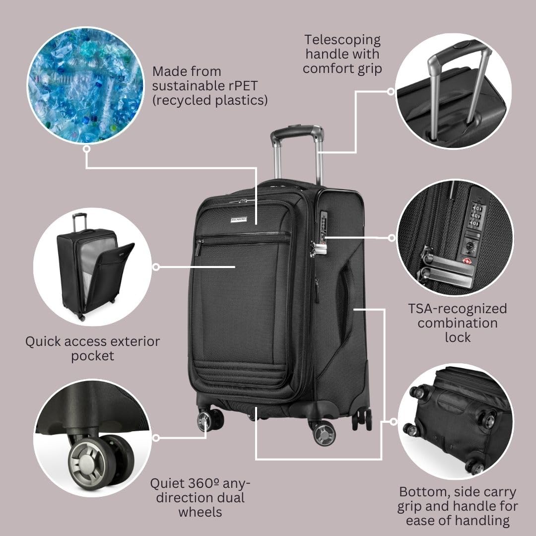 Ricardo Beverly Hills Avalon Softside Luggage Made with Sustainable 100% Recycled PET (rPET), Lightweight, Eco-Friendly Travel, Expandable, Dual Spinner Wheels ( Black , 20-inch ) Black 20 Inch U1