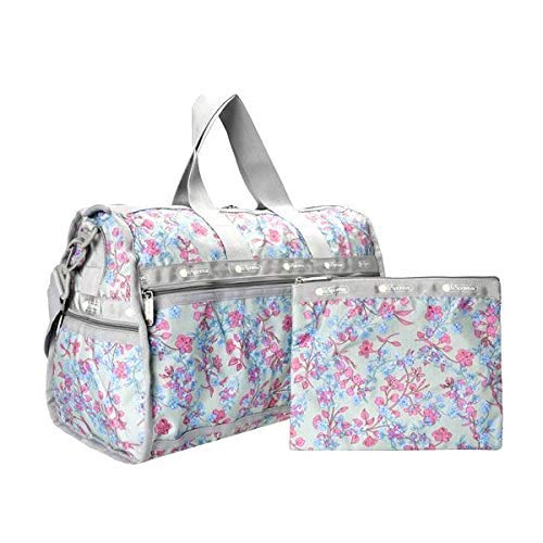 LeSportsac Laelia Mint Medium Weekender Crossbody Bag + Cosmetic Bag, Style 7184/Color F427, Celadon Mint Green Bag w Multi-color Laelia Orchids U1