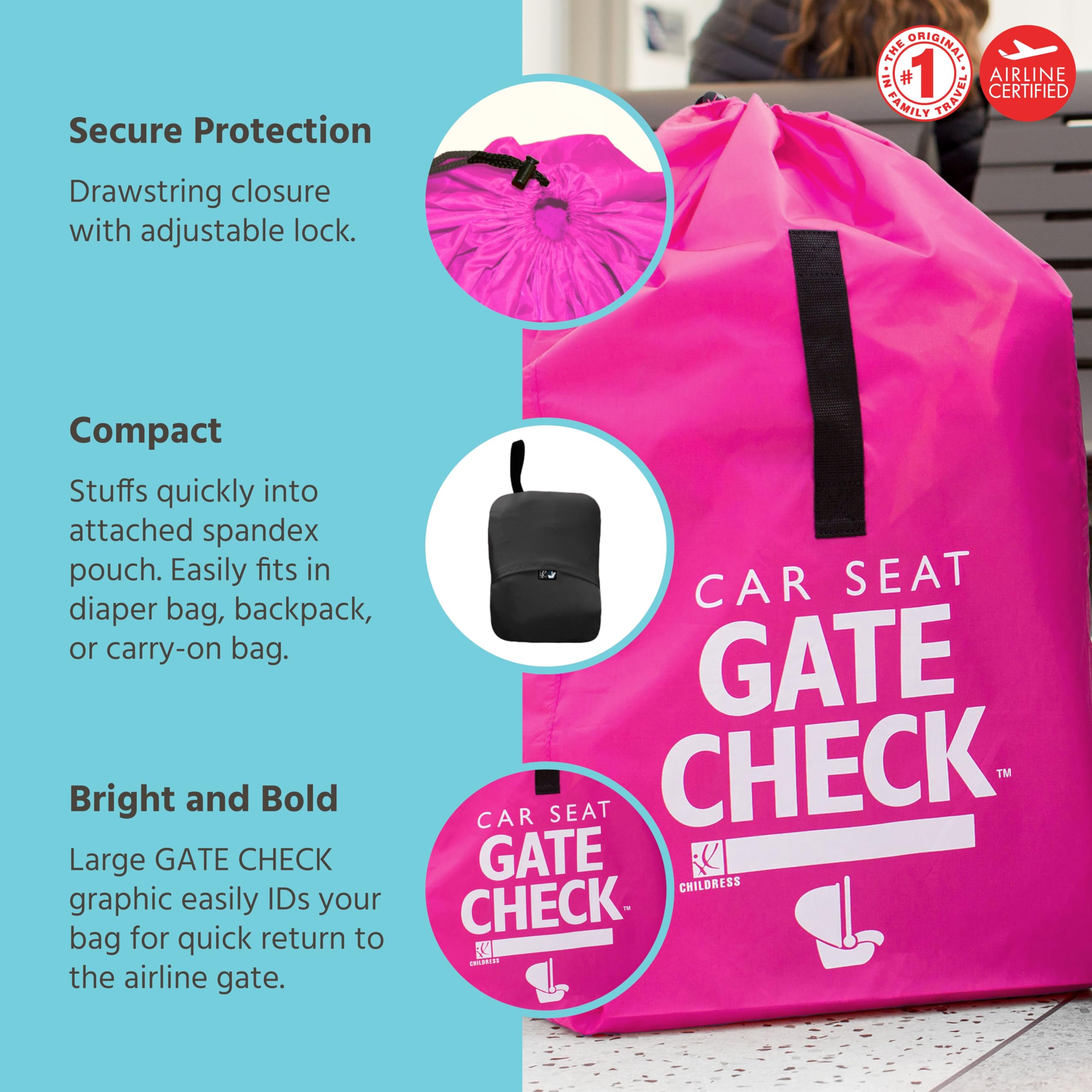 J.L. Childress Gate Check Bag for Car Seats - Air Travel Bag - Fits Convertible Car Seats, Infant carriers & Booster Seats ( Neon Pink , One Size ) Neon Pink One Size U2
