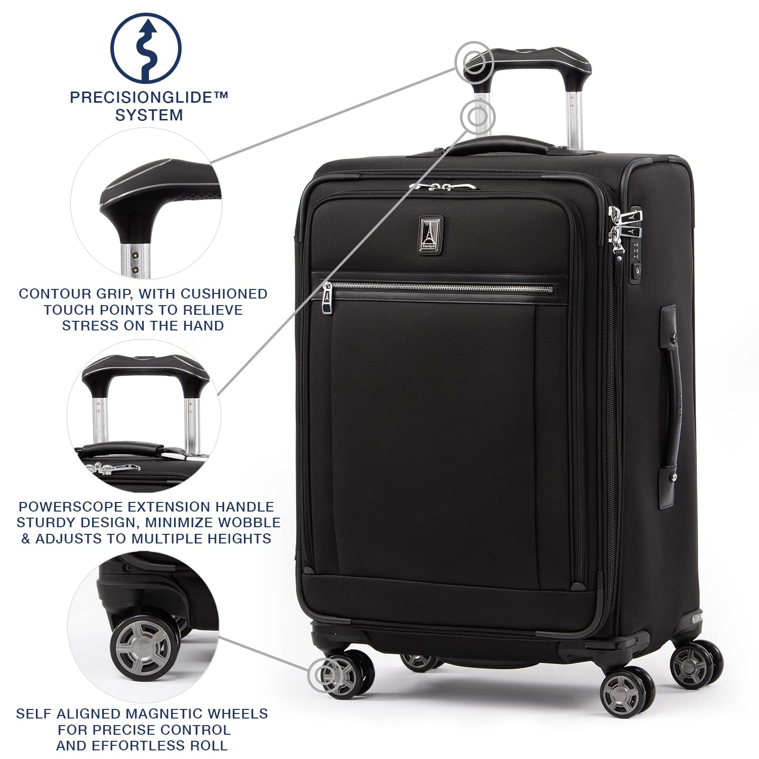 Travelpro Platinum Elite Softside Expandable Checked Luggage, 8 Wheel Spinner Large Suitcase, TSA Lock, Men and Women ( Shadow Black , Checked-Medium 25-Inch ) Shadow Black Checked Medium 25 Inch U16