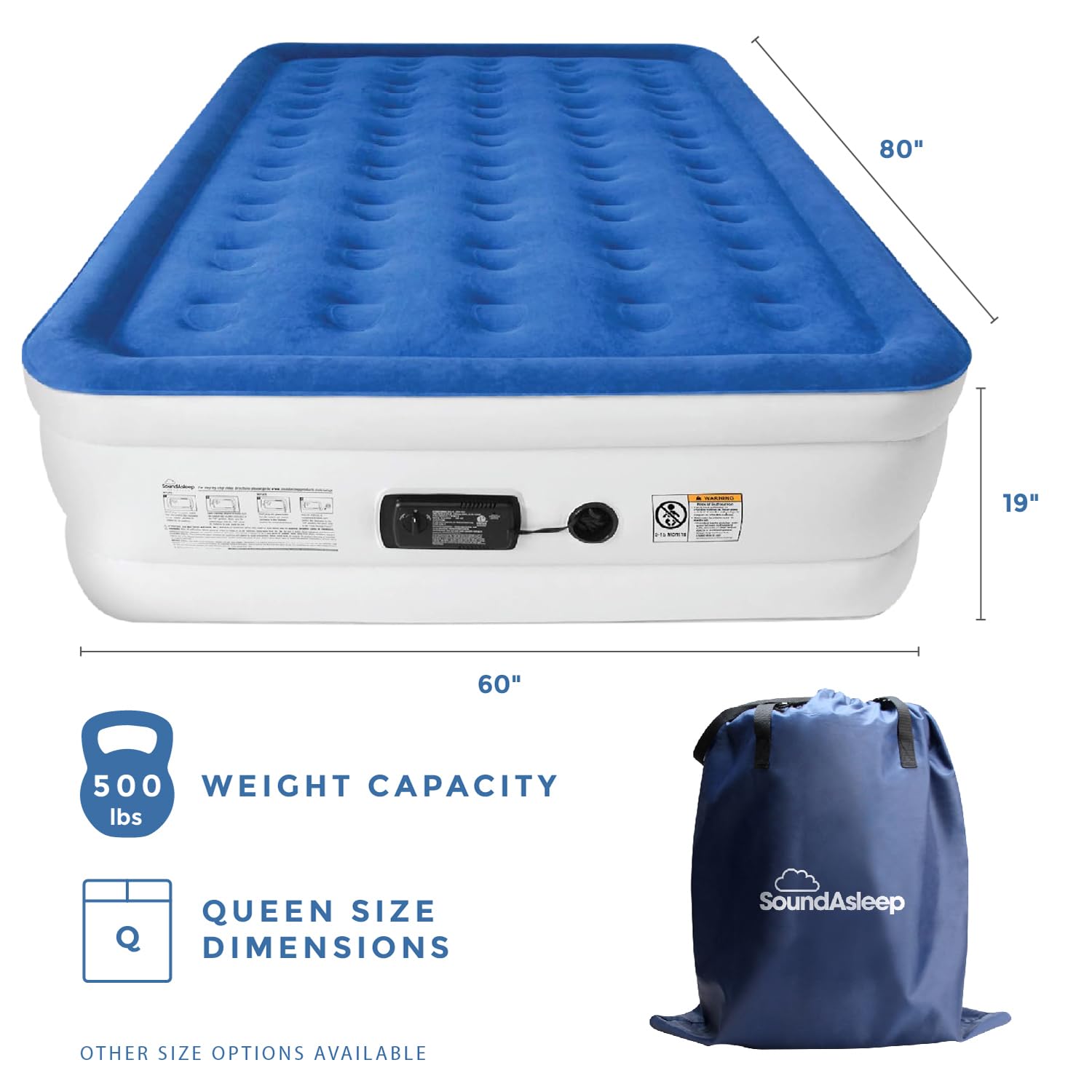 SoundAsleep Products Dream Series Luxury Air Mattress, ComfortCoil Technology, Built-in High Capacity Pump for Home, Camping- Double Height, Adjustable, Inflatable Blow Up, Portable (Queen Size) Blue Queen U2
