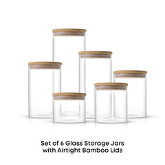 JoyJolt Borosilicate Glass Jars With Bamboo Lids. 6 Pc Set of Air Tight Sealable Containers. Food Jar Canisters with Airtight Lid for Pantry Storage and Kitchen Organization. U1