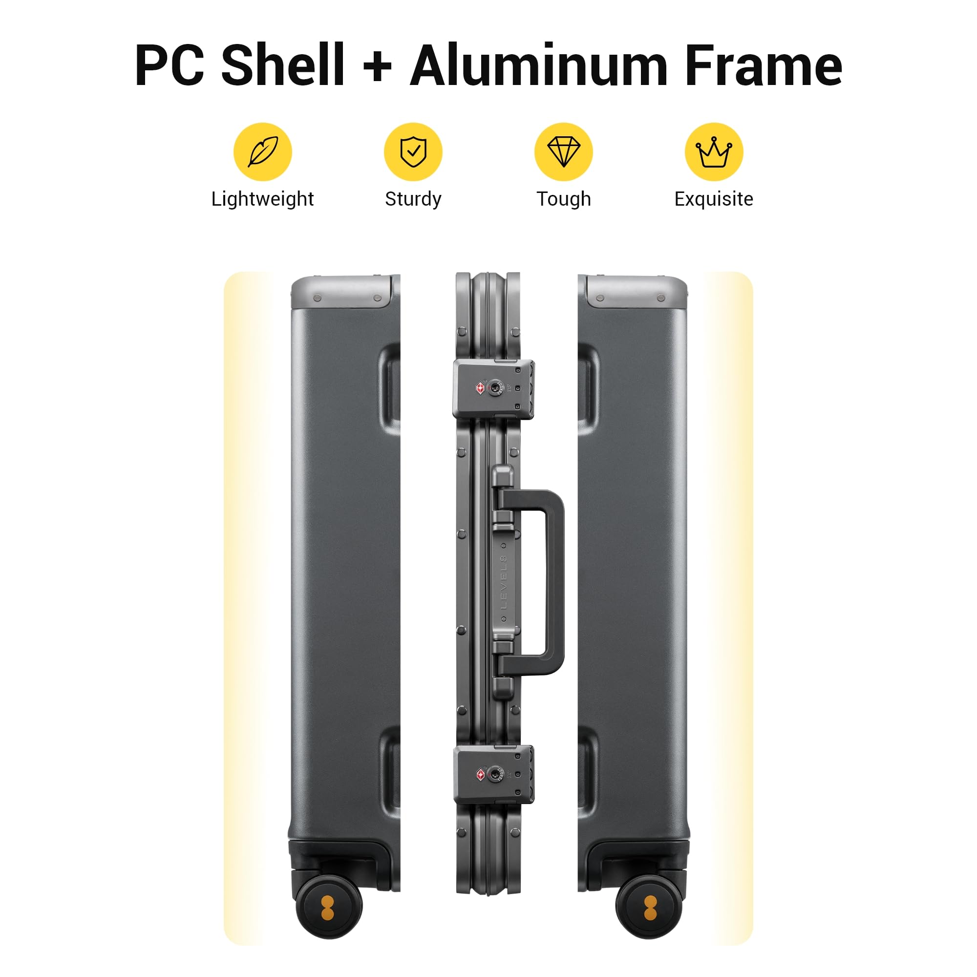 LEVEL8 Zipperless Checked Luggage with Aluminum Frame, Upgraded Medium Hardside Suitcase with Spinner Wheels, Metal Travel Luggage with Double Tsa Locks, 24 Inch, Grey Grey Checked 24 Inch (Upgraded) U1