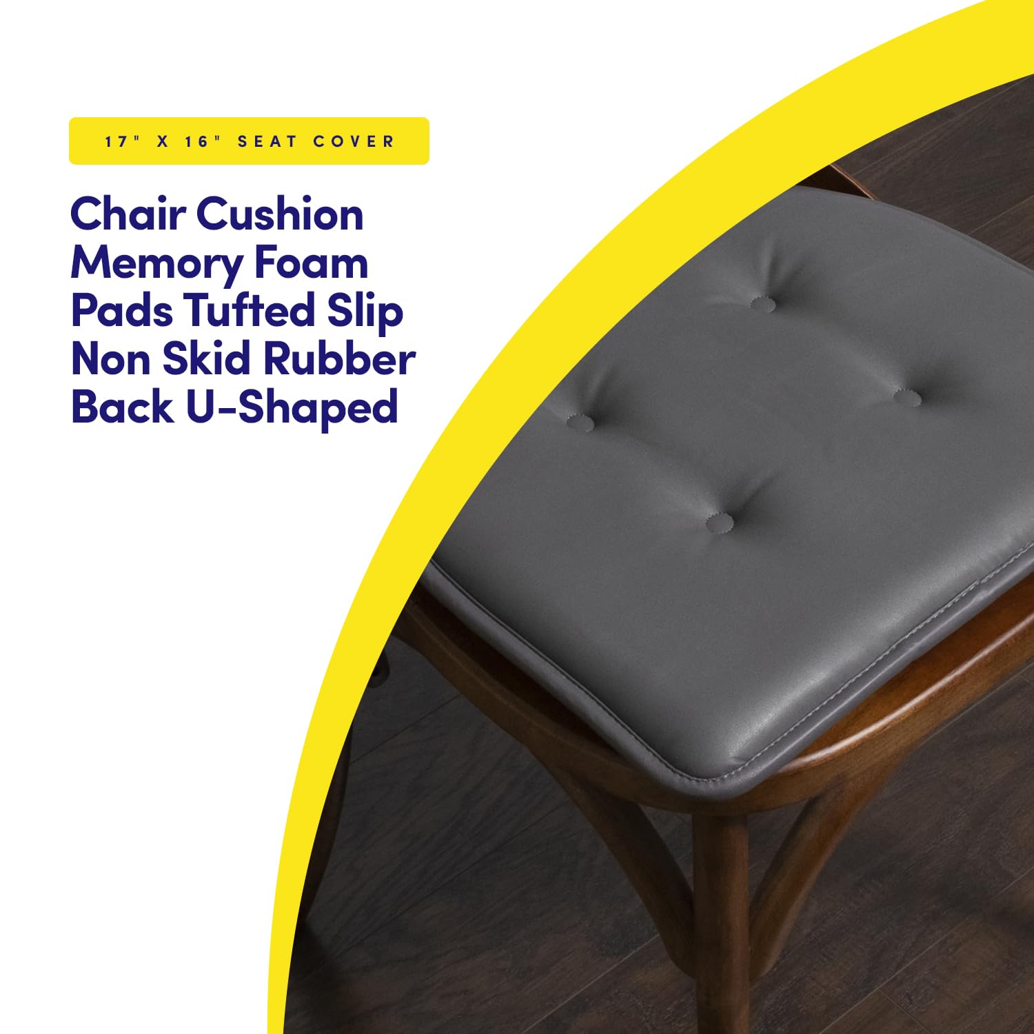 Sweet Home Collection Chair Cushion Memory Foam Pads Tufted Slip Non Skid Rubber Back U-Shaped 17" x 16" Seat Cover, 6 Pack, Faux Leather Gray Faux Leather Gray 6 Pack U1