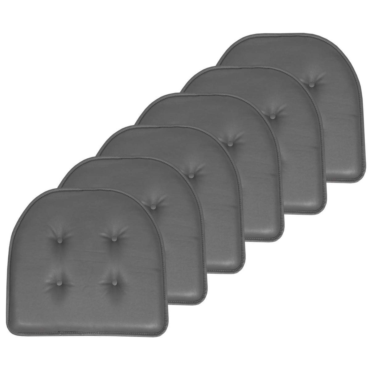 Sweet Home Collection Chair Cushion Memory Foam Pads Tufted Slip Non Skid Rubber Back U-Shaped 17" x 16" Seat Cover, 6 Pack, Faux Leather Gray Faux Leather Gray 6 Pack U1