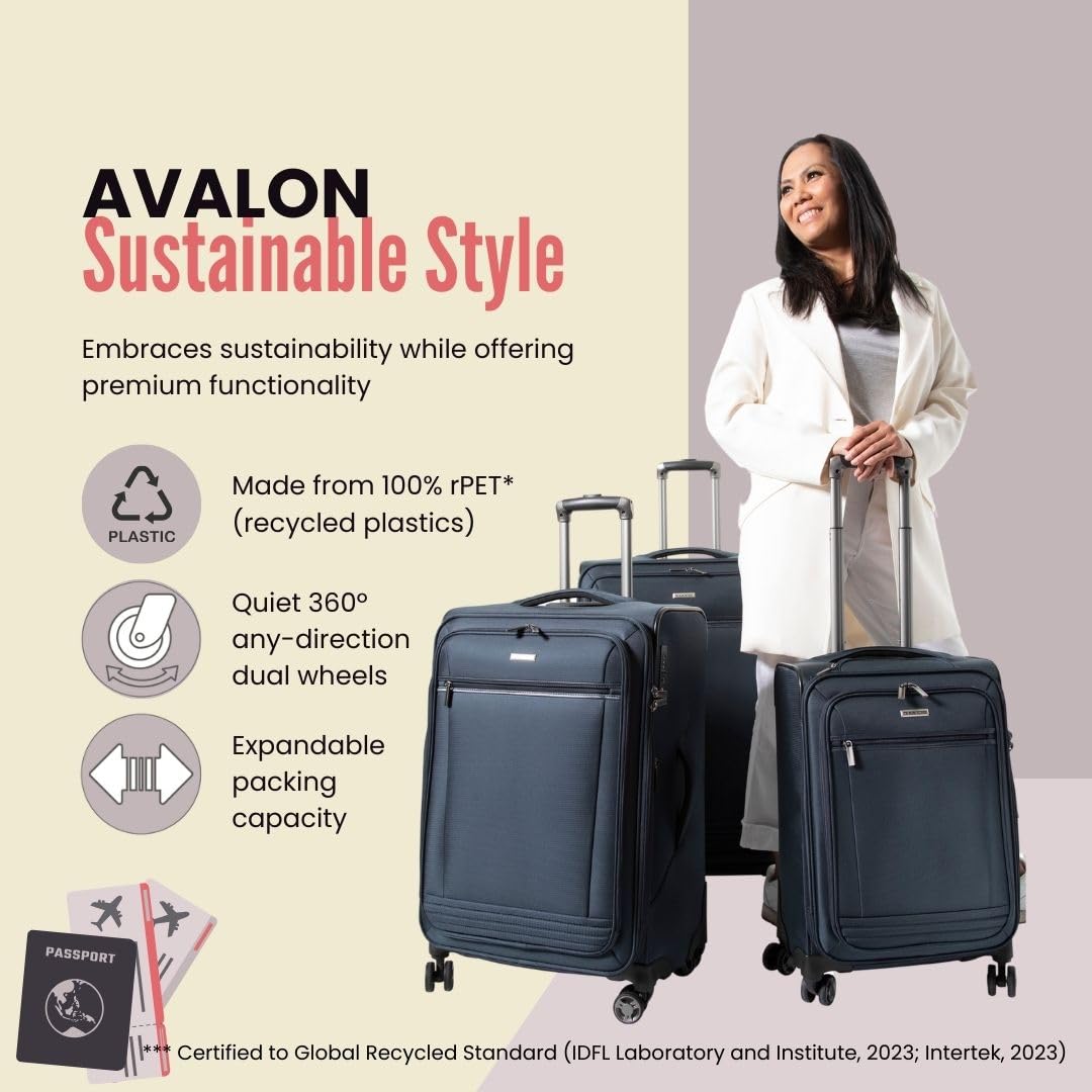 Ricardo Beverly Hills Avalon Softside Carry-On Luggage Made with Sustainable 100% Recycled PET (rPET), Lightweight, Eco-Friendly Travel, Expandable, Dual Spinner Wheels, Black, 20-inch U2